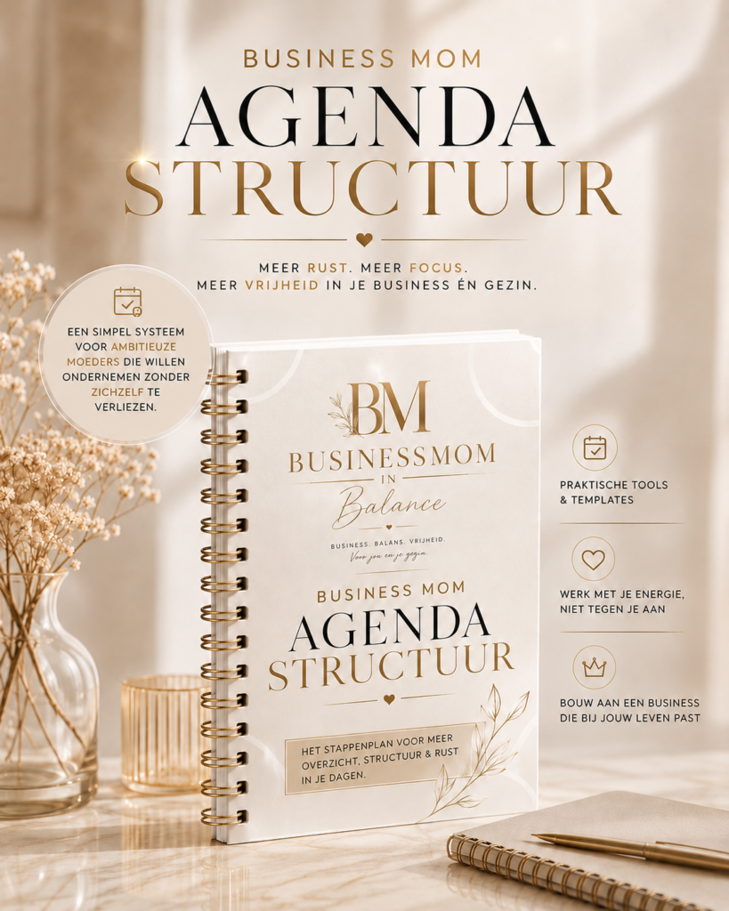 "Done-For-You BusinessMom Agenda Structuur cover. Een simpel systeem voor ambitieuze moeders die willen ondernemen zonder zichzelf te verliezen. Belofte: Meer rust, Meer focus, Meer vrijheid in je business én gezin. Inclusief: Praktische Tools & Templates en Werk met je energie, niet tegen je aan."
