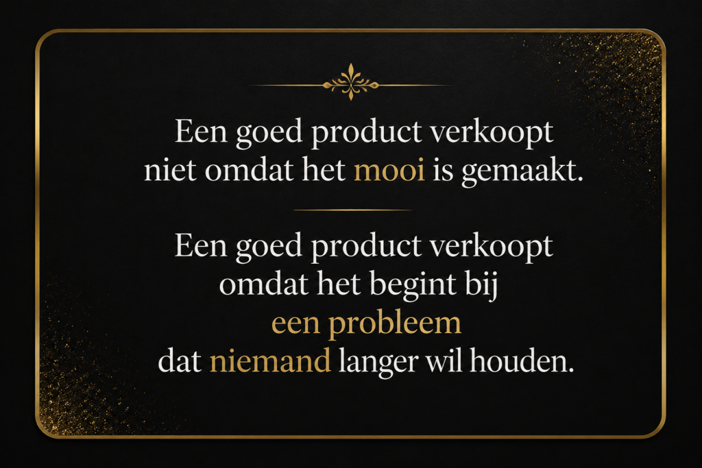 Een goed product verkoopt niet omdat het mooi is gemaakt.
Een goed product verkoopt omdat het begint bij een probleem dat niemand langer wil houden.

